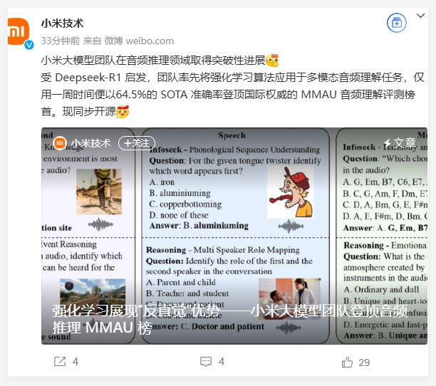 小米大模型团队登顶音频推理 MMAU 榜，受到DeepSeek-R1启发
