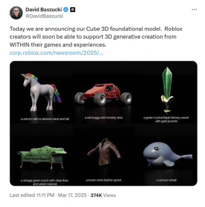 Roblox 推出AI驱动3D模型工具Cube，游戏创作迈入新纪元
