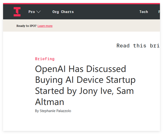 OpenAI 考虑收购 Jony Ive 设计的 AI 设备初创公司io Products
