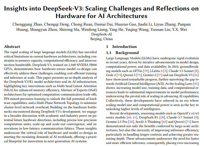 DeepSeek-V3 发布新论文，揭示低成本大模型训练的奥秘