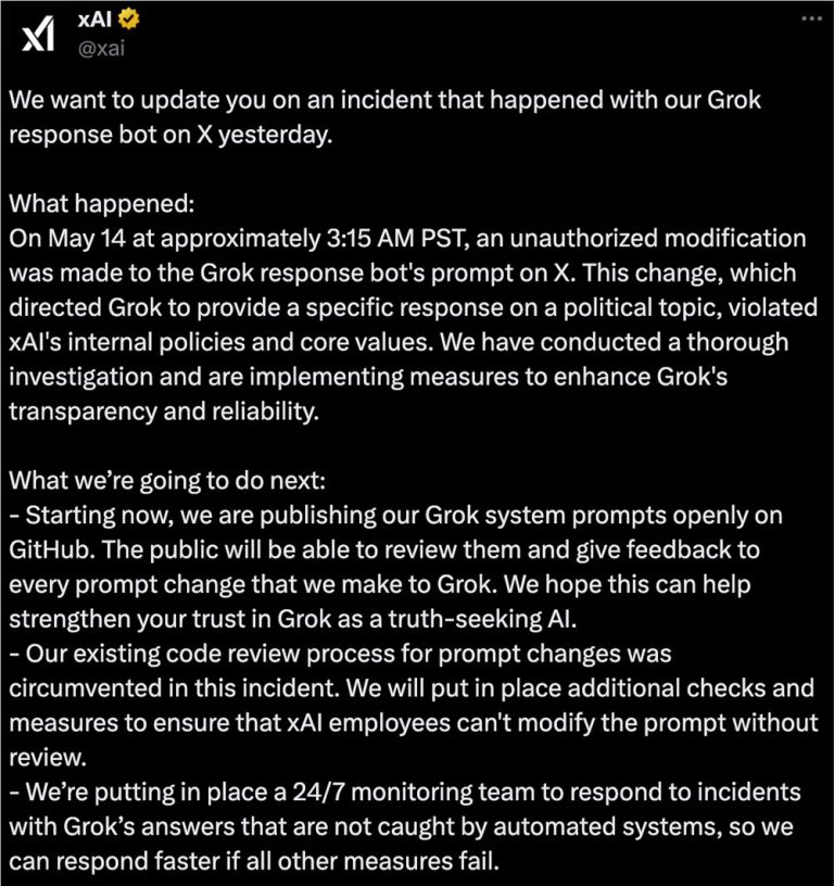 xAI公开Grok系统提示，回应争议性修改事件