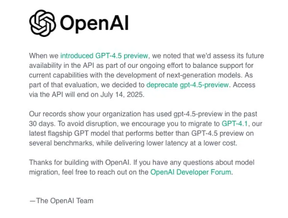 ​OpenAI 宣布 GPT-4.5 将在 API 中下线，开发者感到困惑与失落